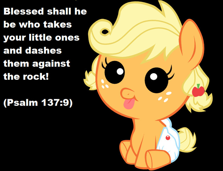 Size: 888x682 | Tagged: abortion, applejack, babyjack, bible, bible verse, black background, context is for the weak, derpibooru import, psalm, religion, semi-grimdark, simple background, solo, text, verse, younger
