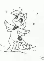 Size: 859x1200 | Tagged: safe, artist:atryl, derpibooru import, applejack, princess luna, pony, accessory swap, balancing, bipedal, cardboard wings, clothes, cosplay, costume, cute, grayscale, jackabetes, monochrome, silly, silly pony, smiling, solo, traditional art, walking