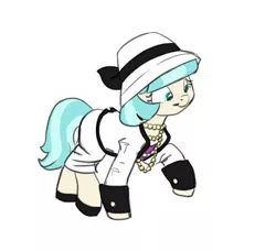 Size: 681x620 | Tagged: artist:carnifex, clothes, coco pommel, derpibooru import, flapper, hat, jacket, necklace, raised hoof, safe, simple background, skirt, smiling, solo, white background