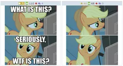 Size: 513x277 | Tagged: applejack, derpibooru, exploitable meme, juxtaposition, juxtaposition win, meme, meta, safe, vulgar