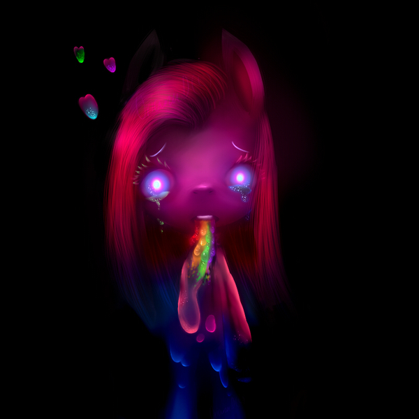 Size: 800x800 | Tagged: artist:pipomanager-mimmi, color porn, creepy, crying, derpibooru import, pinkamena diane pie, pinkie pie, puking rainbows, rainbow, sad, semi-grimdark, solo, surreal, vomit