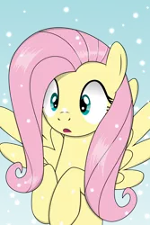 Size: 3200x4800 | Tagged: safe, artist:oobrushstrokeoo, derpibooru import, fluttershy, bust, cross-eyed, cute, hooves to the chest, open mouth, portrait, shyabetes, snow, snowfall, solo, spread wings, wide eyes