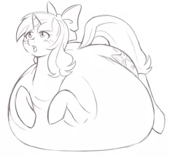 Size: 656x589 | Tagged: suggestive, artist:redintravenous, derpibooru import, oc, oc:red ribbon, unofficial characters only, pony, unicorn, ahegao, belly, bow, fat, female, hair bow, immobile, inflation, mare, monochrome, morbidly obese, obese, open mouth, solo, solo female