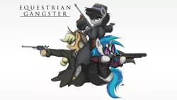 Size: 2700x1518 | Tagged: applejack, artist:ncmares, clothes, derpibooru import, fedora, gangster, gun, hat, mafia, mafia octavia, octavia melody, pistol, revolver, safe, shotgun, tommy gun, trenchcoat, trilby, vest, vinyl scratch, who needs trigger fingers