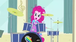 Size: 1276x718 | Tagged: suggestive, derpibooru import, edit, edited screencap, screencap, pinkie pie, equestria girls, pinkie on the one, rainbow rocks, caption, curtains, cute, cymbals, drum kit, drums, meme, messy hair, music notes, musical instrument, ponied up, smiling, solo, swearing, vulgar, youtube caption