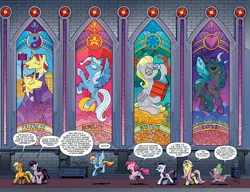 Size: 2800x2154 | Tagged: safe, artist:andypriceart, derpibooru import, idw, applejack, derpy hooves, flam, flim, fluttershy, pinkie pie, queen chrysalis, rainbow dash, rarity, spike, trixie, twilight sparkle, twilight sparkle (alicorn), alicorn, changeling, dragon, earth pony, flutter pony, pony, unicorn, spoiler:comic, alternate universe, andy you magnificent bastard, bright eyes (mirror universe), canterlot, dark mirror universe, equestria-3, eyeshadow, female, flim flam brothers, glasses, implied cannibalism, male, mane seven, mane six, mare, mirror universe, princess of humility, race swap, reversalis, stained glass, trixiecorn, yin yang, yin-yang