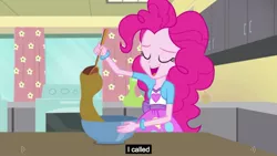 Size: 1279x719 | Tagged: safe, derpibooru import, screencap, pinkie pie, equestria girls, pinkie on the one, rainbow rocks, baking, batter, bowl, curtains, kitchen, ladle, meme, solo, youtube caption