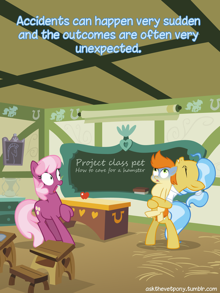 Size: 600x800 | Tagged: artist:adiwan, ask the vet pony, cheerilee, doctor fauna, gallop j. fry, heimlich maneuver, ponyville schoolhouse, safe