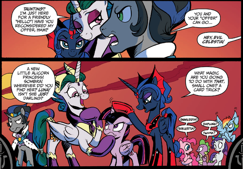 Size: 1292x901 | Tagged: safe, artist:andypriceart, derpibooru import, idw, king sombra, pinkie pie, princess celestia, princess luna, rainbow dash, rarity, twilight sparkle, twilight sparkle (alicorn), alicorn, pony, spoiler:comic, spoiler:comic18, alternate universe, evil celestia, evil counterpart, evil luna, evil sisters, female, good king sombra, mare, twilight cat