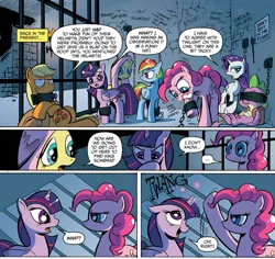 Size: 1400x1320 | Tagged: safe, artist:andypriceart, derpibooru import, idw, applejack, fluttershy, pinkie pie, rainbow dash, rarity, spike, twilight sparkle, twilight sparkle (alicorn), alicorn, pony, spoiler:comic, spoiler:comic18, ..., alternate universe, annoyed, biting, cutting the knot, dog day afternoon, dope slap, dungeon, female, floppy ears, frown, gritted teeth, jail, kilroy was here, magic, mane seven, mane six, mare, nom, open mouth, prison, smiling, the fugitive, the shawshank redemption, the ten commandments, thinking, unamused, wide eyes
