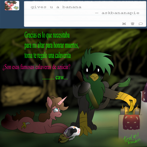 Size: 1000x1000 | Tagged: semi-grimdark, artist:tezcatl-ayauhtli, derpibooru import, oc, oc:banana pie, oc:tezcatl, unofficial characters only, gryphon, pony, unicorn, altar de muertos, bone, dia de los muertos, nightmare night, ofrenda, spanish, tumblr