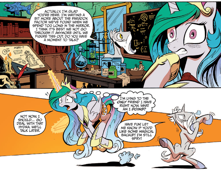 Size: 1397x1096 | Tagged: artist:andypriceart, derpibooru import, flashback, idw, magic mirror, nervous, princess celestia, safe, snorting, spoiler:comic, spoiler:comic18, star swirl the bearded