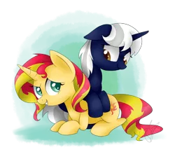 Size: 1100x1000 | Tagged: safe, artist:maggymss, derpibooru import, sunset shimmer, oc, pony, unicorn, cuddling, snuggling, sunight