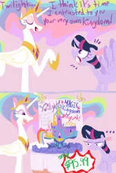 Size: 678x1006 | Tagged: safe, artist:sugaryboogary, derpibooru import, princess celestia, tree of harmony, twilight sparkle, twilight sparkle (alicorn), alicorn, pony, bucktooth, comic, female, hilarious in hindsight, mare, merchandise, parody, tree, unamused