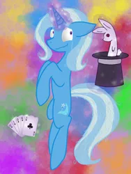 Size: 768x1024 | Tagged: safe, artist:prof-zoro, derpibooru import, trixie, pony, rabbit, unicorn, abstract background, bunny out of the hat, card, crying, female, glowing horn, hat, magic, magic trick, mare, solo, telekinesis, top hat