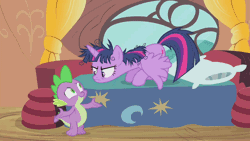 Size: 1152x648 | Tagged: safe, derpibooru import, screencap, spike, twilight sparkle, twilight sparkle (alicorn), alicorn, pony, inspiration manifestation, angry, animated, bed, brushed off, cringing, curtains, death stare, exhausted, female, frown, frustrated, glare, golden oaks library, gritted teeth, grumpy, mare, messy mane, pointing, raised eyebrow, sitting, smug, snark, spread wings, talking, that's spike, tired, window