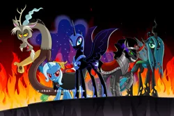 Size: 1000x667 | Tagged: alicorn amulet, antagonist, artist:x-chan-, derpibooru import, discord, fire, king sombra, nightmare moon, queen chrysalis, safe, trixie