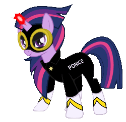 Size: 1062x1025 | Tagged: animated, artist:byteslice, artist:dowlphin, badass adorable, clothes, cute, derpibooru import, edit, glare, goggles, magic, masked matter-horn, police, power ponies, pun, safe, smiling, solo, twilight sparkle