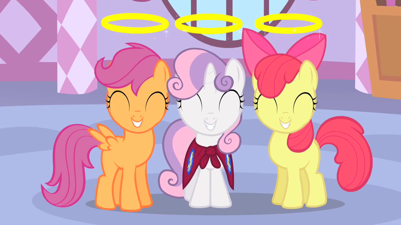 Size: 1280x720 | Tagged: safe, derpibooru import, screencap, apple bloom, scootaloo, sweetie belle, earth pony, pegasus, pony, unicorn, stare master, adorabloom, cute, cutealoo, cutie mark crusaders, diasweetes, eyes closed, female, filly, halo, smiling, spread wings, wings