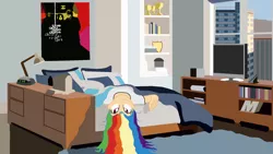 Size: 1920x1080 | Tagged: safe, artist:garretthegarret, derpibooru import, rainbow dash, equestria girls, apartment, bed, bed hair, bedroom, city, humanized, interior, messy hair, morning ponies, on back, poster, solo, upside down