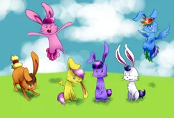 Size: 1650x1125 | Tagged: applejack, artist:lantaniel, bunnified, bunnyjack, bunny pie, bunnyshy, bunny sparkle, derpibooru import, fluttershy, mane six, pinkie pie, rabbit, rabbit dash, rabbity, rainbow dash, rarity, safe, species swap, twilight sparkle, wings