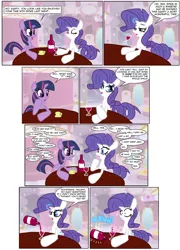 Size: 1414x1964 | Tagged: suggestive, artist:nessvii, derpibooru import, rarity, twilight sparkle, pony, unicorn, comic:friends with benefits, alcohol, blushing, carousel boutique, comic, dialogue, female, friends with benefits, frown, implied sex, magic, male, mare, onomatopoeia, open mouth, raised eyebrow, shipping, smiling, sparity, straight, telekinesis, virgin, wide eyes, wine