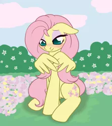 Size: 884x998 | Tagged: alternate hairstyle, artist:marindashy, bedroom eyes, blushing, cute, derpibooru import, eyeshadow, floppy ears, flower, fluttershy, fluttershy answers, safe, shy, shyabetes, sitting, smiling, solo, tumblr, wing hands