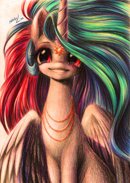 Size: 1633x2293 | Tagged: alternate hairstyle, artist:katputze, derpibooru import, messy mane, no erasing challenge, princess celestia, safe, solo, traditional art