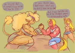 Size: 944x666 | Tagged: safe, artist:weasselk, derpibooru import, applejack, big macintosh, little strongheart, anthro, buffalo, earth pony, ask strongheart, amazon, amazonian, applebucking thighs, arm wrestling, big strongheart, breasts, busty applejack, busty little strongheart, female, muscles, sitting, size difference, thighs, thunder thighs, tumblr