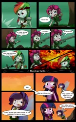 Size: 1024x1639 | Tagged: safe, artist:fj-c, derpibooru import, pinkie pie, rainbow dash, rarity, twilight sparkle, fairy, equestria girls, belly button, clothes, comic, dialogue, fantasy equestria, humanized, midriff, pony coloring, skirt, spanish, sword