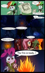 Size: 1024x1638 | Tagged: artist:fj-c, comic, derpibooru import, dialogue, fantasy equestria, fire, fluttershy, human, humanized, pinkie pie, pony coloring, rainbow dash, safe