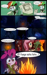 Size: 1024x1638 | Tagged: artist:fj-c, comic, derpibooru import, dialogue, fantasy equestria, fire, fluttershy, human, humanized, pinkie pie, pony coloring, rainbow dash, safe, spanish