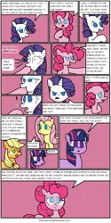 Size: 912x1818 | Tagged: safe, artist:thelonelyartisian, derpibooru import, applejack, pinkie pie, rarity, twilight sparkle, earth pony, pegasus, pony, unicorn, comic:pie eating contest, comic, female, hoof in mouth, imminent vore, implied vore, mare, wide eyes