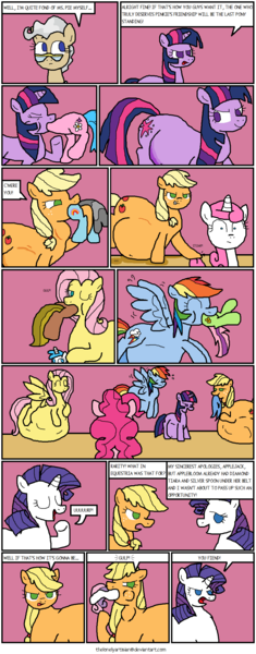 Size: 928x2372 | Tagged: questionable, artist:thelonelyartisian, derpibooru import, applejack, fluttershy, mayor mare, pinkie pie, rainbow dash, rarity, sweetie belle, twilight sparkle, earth pony, pegasus, pony, unicorn, comic:pie eating contest, abdominal bulge, angry, burp, butt touch, comic, dialogue, female, fetish, filly, flutterpred, hoof on butt, impossibly large belly, mane six, mare, multiple prey, party, predajack, preddash, raripred, tail sticking out, twipred, vore, wide eyes