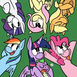 Size: 900x900 | Tagged: dead source, safe, artist:karpet-shark, derpibooru import, applejack, fluttershy, pinkie pie, rainbow dash, rarity, spike, twilight sparkle, twilight sparkle (alicorn), alicorn, earth pony, pegasus, pony, unicorn, twily-daily, :p, chest fluff, cute, drool, eyes closed, female, friendshipping, hat, hat off, lying down, mama twilight, mane seven, mane six, mare, open mouth, pacman eyes, sleeping, smiling, spikelove, tongue out, wide eyes, z