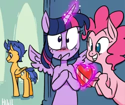 Size: 600x504 | Tagged: artist needed, safe, derpibooru import, flash sentry, pinkie pie, twilight sparkle, twilight sparkle (alicorn), alicorn, pony, advice, asktandp, blushing, box of chocolates, chocolate, cute, encouragement, female, flashlight, food, heart, heart shaped box, male, mare, nervous, pinkie ships it, shipper on deck, shipping, straight
