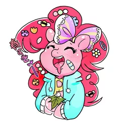 Size: 601x645 | Tagged: safe, artist:picorna, derpibooru import, pinkie pie, askharajukupinkiepie, bow, clothes, flower, flower in hair, hair accessory, hair bow, harajuku, japanese, simple background, solo, white background