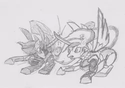 Size: 1829x1298 | Tagged: safe, artist:magello, derpibooru import, princess cadance, twilight sparkle, twilight sparkle (alicorn), alicorn, pony, female, fight, jetstream sam, konami, mare, metal gear, metal gear rising, monochrome, pencil drawing, raiden, sword, traditional art