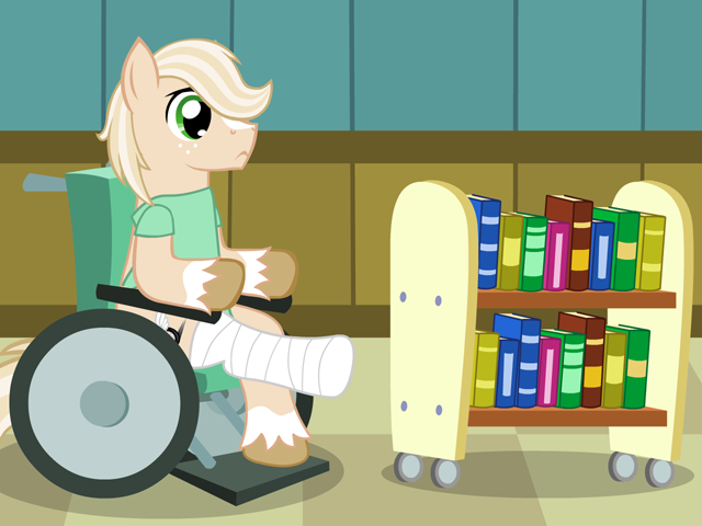 Size: 640x480 | Tagged: safe, artist:aha-mccoy, derpibooru import, oc, oc:jay aaron mclovin, unofficial characters only, earth pony, pony, bookshelf, cast, handicapped, hospital gown, male, solo, stallion, wheelchair