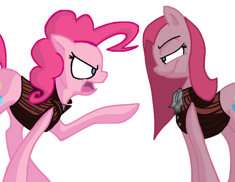 Size: 931x721 | Tagged: artist:ponycakesofsweetness, confrontation, derpibooru import, drama, dr jekyll and mr hyde, dr pinkie and miss pie, duality, fight, pinkamena diane pie, pinkie pie, safe, source needed