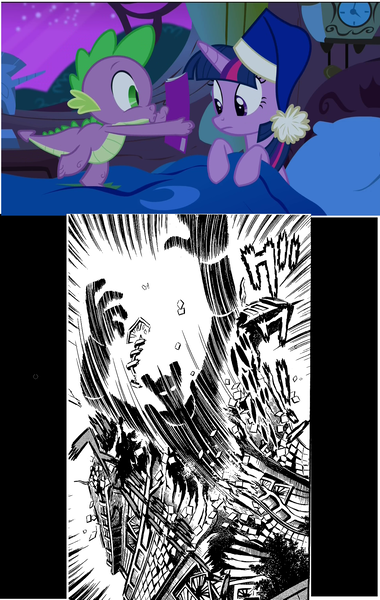 Size: 1280x2020 | Tagged: safe, derpibooru import, spike, twilight sparkle, twilight sparkle (alicorn), alicorn, pony, comic book meme, exploitable meme, female, go nagai, manga, mare, mazinger, mazinger z, meme, obligatory pony