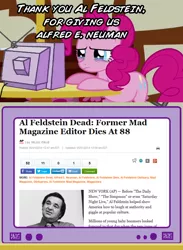 Size: 564x770 | Tagged: al feldstein, alfred e. neuman, derpibooru import, exploitable meme, huffington post, implied death, meme, obituary, obligatory pony, pinkie pie, sad, sad pony, safe, tv meme