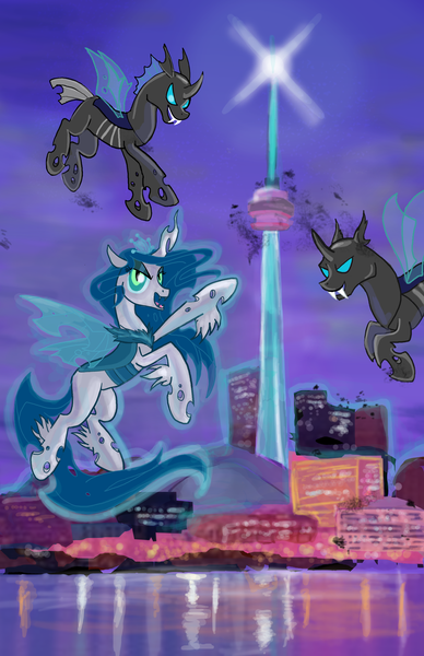Size: 1650x2550 | Tagged: artist:sophillia, changeling, changeling queen, changeling queen oc, cn tower, derpibooru import, earth, female, ice changeling, oc, oc:queen volucris, safe, unofficial characters only