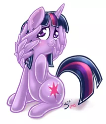 Size: 944x1101 | Tagged: safe, artist:mcponyponypony, artist:silver1kunai, derpibooru import, twilight sparkle, twilight sparkle (alicorn), alicorn, pony, adorkable, blushing, collaboration, colored, covering, cute, dork, embarrassed, female, mare, shy, sitting, smiling, solo, twiabetes, wing hands, wings