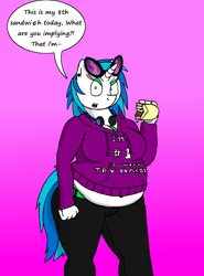 Size: 2416x3272 | Tagged: anthro, anthroquestria, artist:americananomaly, chubby, derpibooru import, dialogue, ear piercing, fat, gradient background, headphones, piercing, safe, sandwich, solo, speech bubble, vinyl scratch