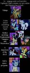 Size: 496x1173 | Tagged: safe, derpibooru import, edit, edited screencap, screencap, alula, apple bloom, carrot top, golden harvest, lyra heartstrings, meadow song, raven, sassaflash, scootaloo, sunshower raindrops, sweetie belle, vampire, werewolf, wolf, luna eclipsed, animal costume, astronaut, bride of frankenstein, clothes, costume, cutie mark crusaders, devil, egyptian, frankenstein, frankenstein's monster, hilarious in hindsight, image macro, meme, mummy, nightmare night, scootawolf, text, viking, wolf costume