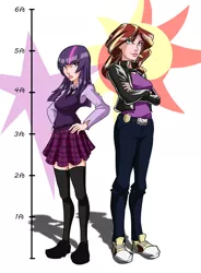 Size: 2878x3908 | Tagged: artist:smilingdogz, clothes, comic:thousand lights, derpibooru import, human, humanized, jacket, looking at you, miniskirt, necktie, safe, schoolgirl, school uniform, sisters, size chart, skirt, socks, sunset shimmer, sweater vest, thigh highs, twilight sparkle, zettai ryouiki