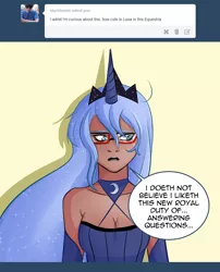 Size: 1280x1582 | Tagged: artist:swain, ask-humans-from-equestria, cleavage, derpibooru import, female, glasses, human, humanized, princess luna, safe, solo, tumblr, ye olde butcherede englishe