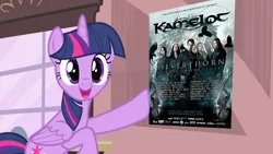 Size: 1280x720 | Tagged: safe, derpibooru import, edit, edited screencap, screencap, twilight sparkle, twilight sparkle (alicorn), alicorn, pony, exploitable meme, female, kamelot, mare, meme, metal, poster, solo, twilight poster meme