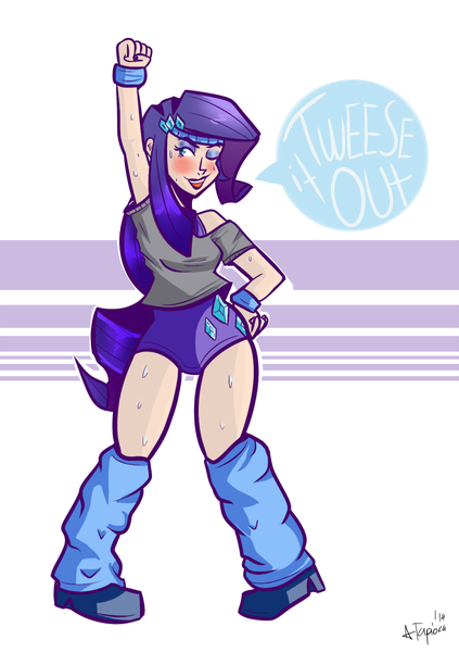 Size: 846x1200 | Tagged: safe, artist:php52, derpibooru import, rarity, equestria girls, aerobics, athlete, clothes, exercise, homestar runner, humanized, leg warmers, leotard, open mouth, request, smiling, solo, sweat, sweatband, sweatdrop, workout, workout outfit